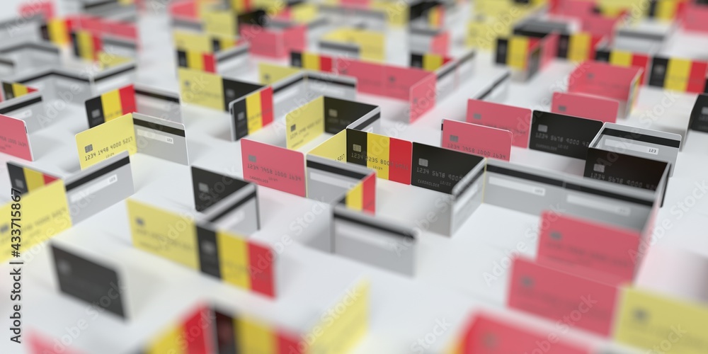 National flag of Belgium on the mockup credit card maze. Financial difficulties related 3D rendering National flag of Belgium on the mockup credit card maze. Financial difficulties related 3D rendering