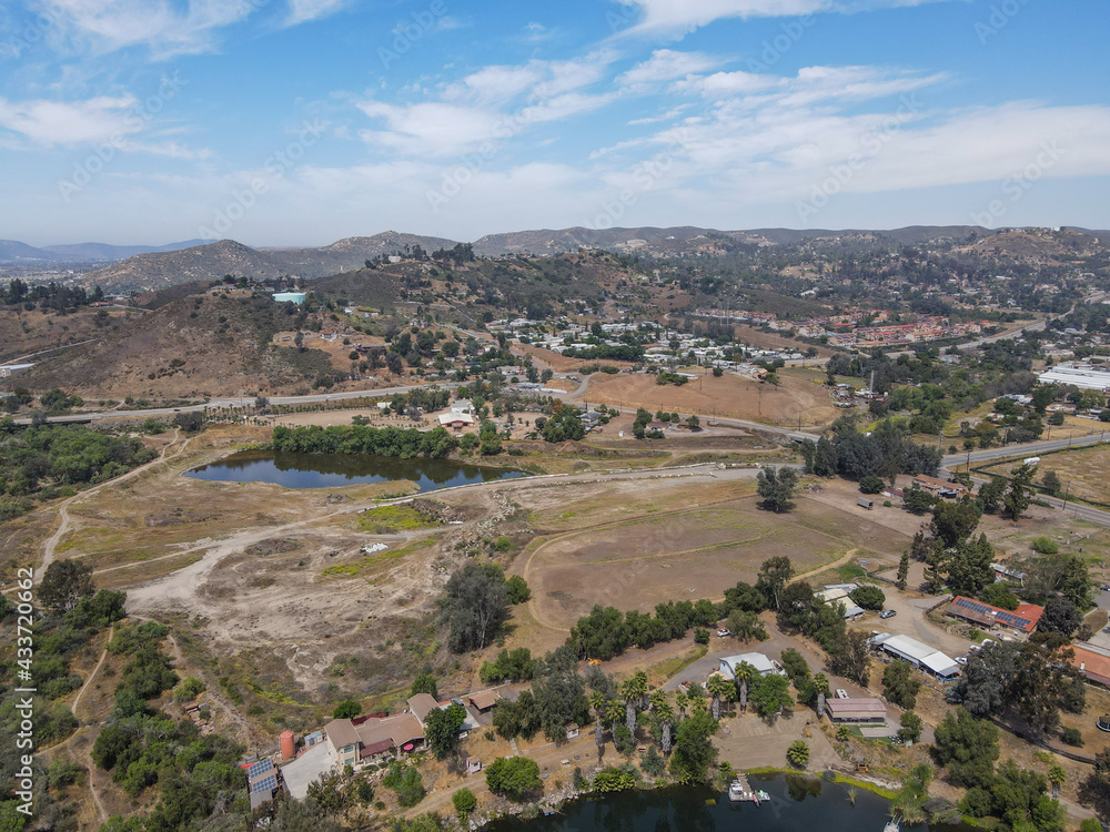 Aerial view of Lakeside suburb town with mountain on the background, San Diego, Southern California, USA 