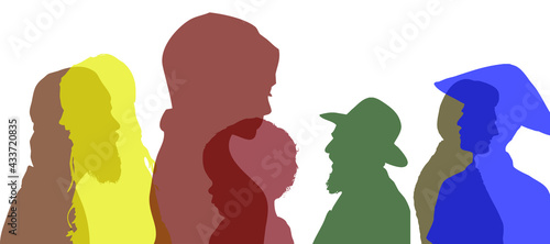Silhouettes of people of diverse ethnic and religious origin. Tolerance, respect, trust., teamwork. 