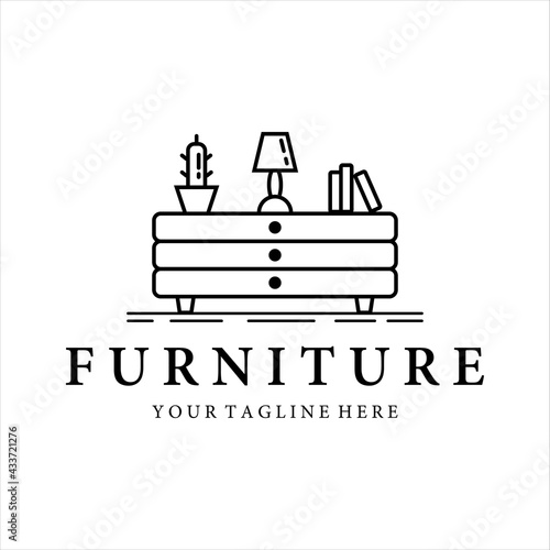 furniture logo line art vector illustration template icon design. couch lamp book and decorative plants for interior logo concept label design