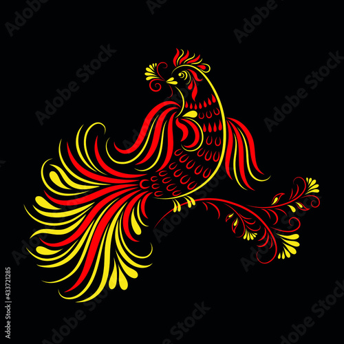 Vector illustration of a Russian ornament. Khokhloma painting decoration of objects in the Russian style. A bird sitting on a branch. EPS 8