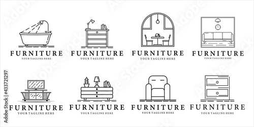 set of furniture logo line art vector illustration template icon design. bundle collection of various desk sofa dining room bathtub for interior logo concept creative label design