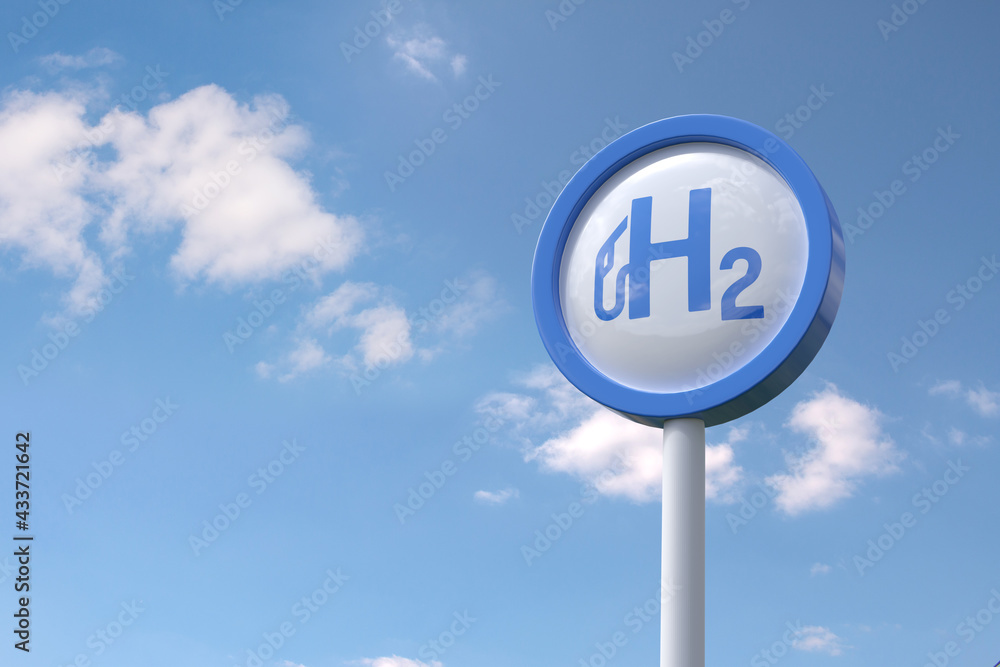 Hydrogen fuel logo sign with blue sky background. 3d illustration. Hydrogen fuel logo sign with blue sky background. 3d illustration.