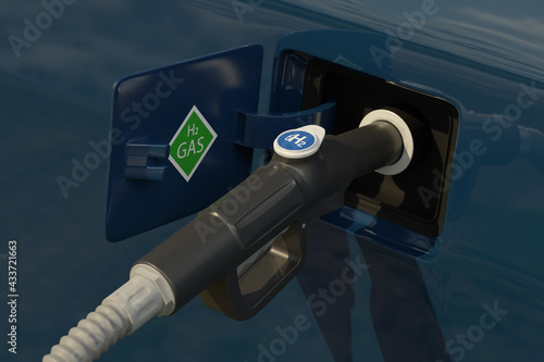 Fuel Dispenser With Hydrogen Logo On Gas Station. 3d illustration.