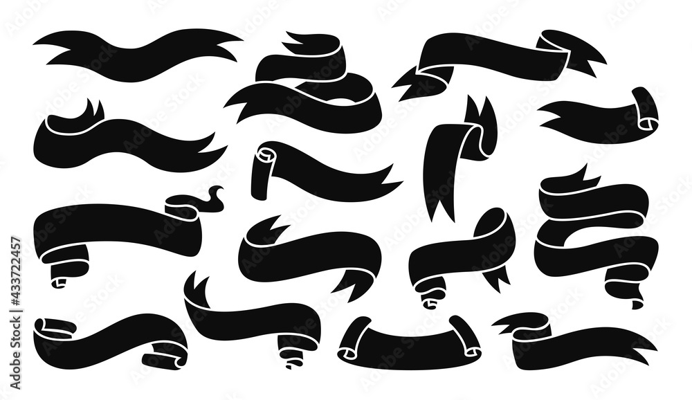 Ribbon banner black glyph set. Tape blank linear collection, decorative icons. Vintage design, simple ribbon. Web icon banner kit. Label tag and quality badges. Isolated vector illustration Ribbon banner black glyph set. Tape blank linear collection, decorative icons. Vintage design, simple ribbon. Web icon banner kit. Label tag and quality badges. Isolated vector illustration