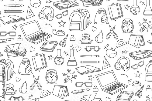 Back to School doodle sketch cartoon seamless pattern. Learning school line textile. First day of school equipment, Education concept icon. Scissors, laptop, glasses book backpack, paints vector