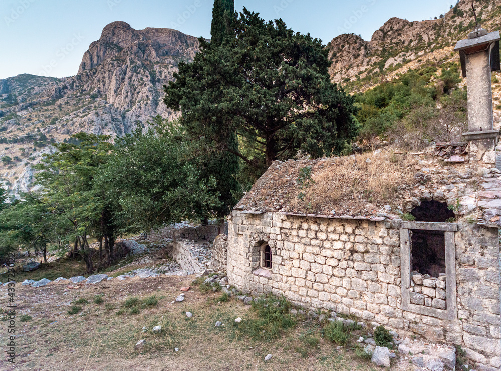St John's fortress church,surrounded by beautiful rocky mountain scenery at sunset, Kotor,Montenegro.