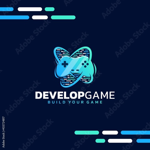 Game development logo design, joystick concept and programming code with a modern and colorful logo style, vector illustration