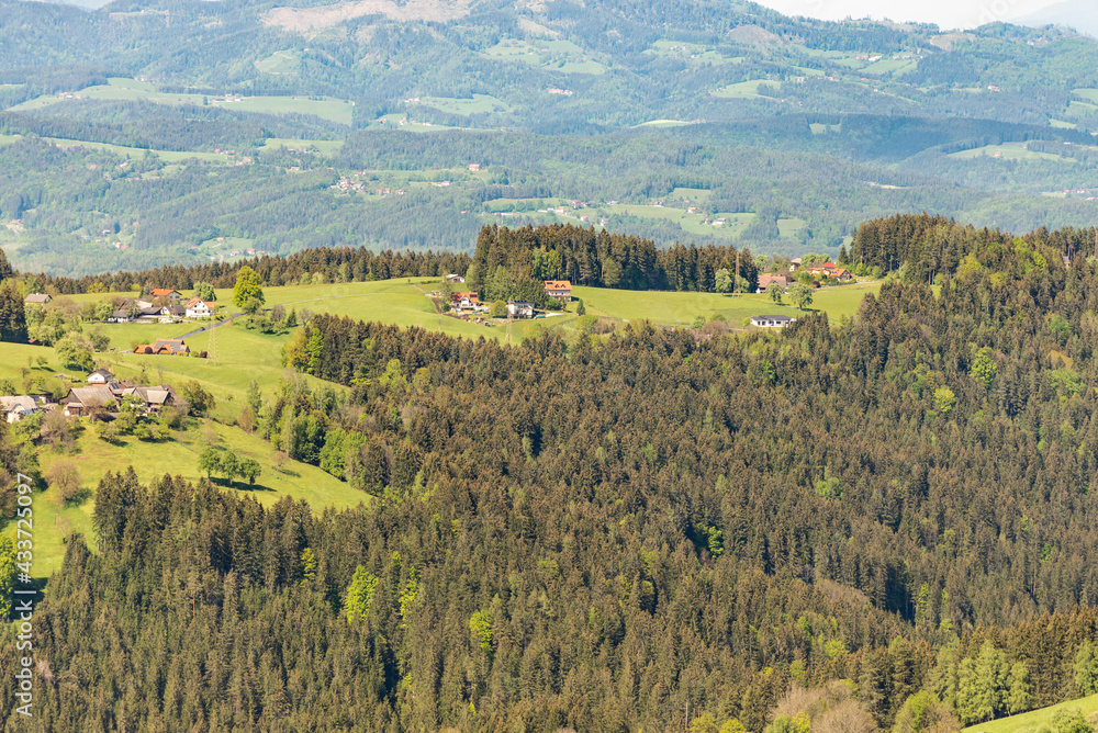 Farmsteads in the Austrian Mountains. Beautiful mountains of Austria in spring.