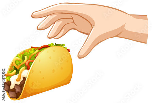 Hand trying to grab taco on white background