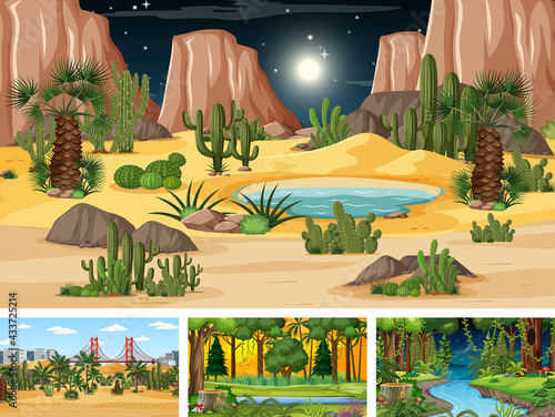 Different nature horizontal scenes in cartoon style
