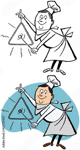 A vintage retro cartoon of a chef ringing a triangle dinner bell. 