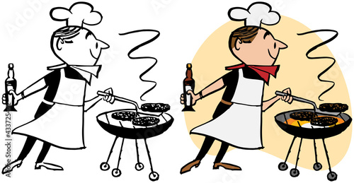 A vintage retro cartoon of a man in a chef hat and apron barbecuing burgers on a grill.