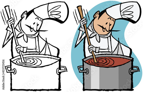 A vintage retro cartoon of a chef stirring a large pot of hot soup. 