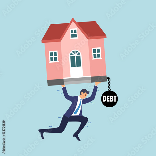 Businessman carrying house debt in flat design. Mortgage debt, home loan concept.