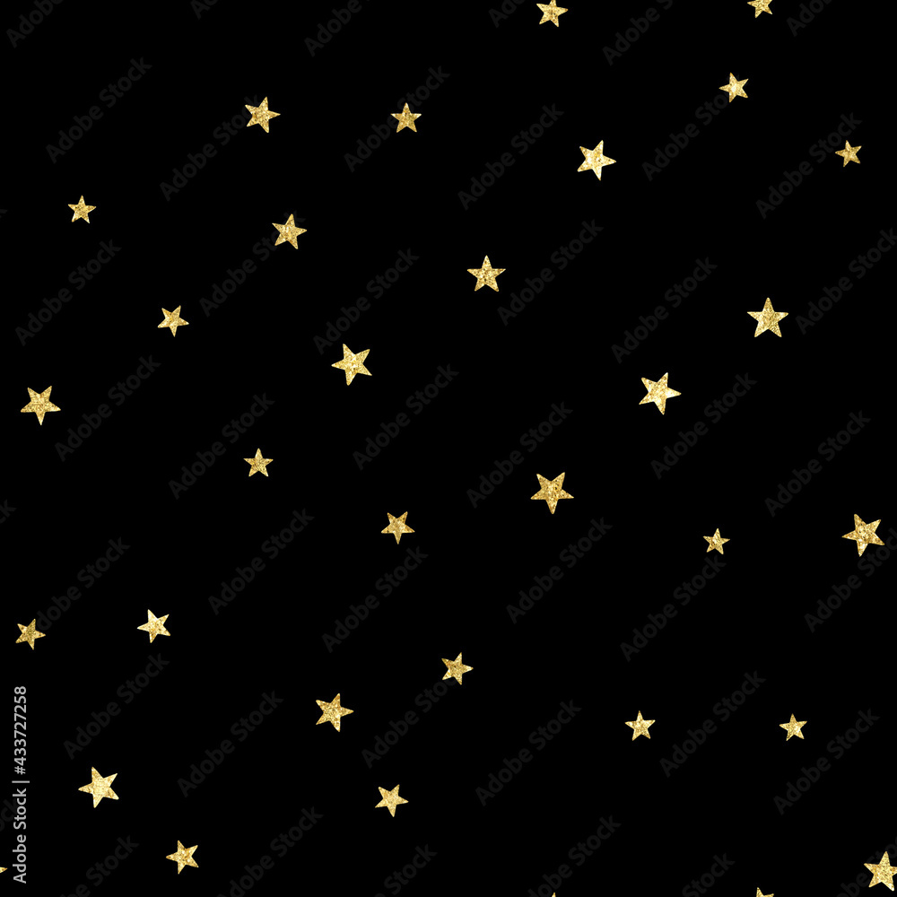 starry night sky big gold glitter stars seamless pattern isolated on a black background