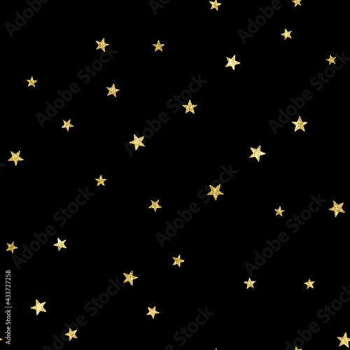 starry night sky big gold glitter stars seamless pattern isolated on a black background