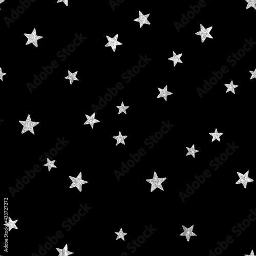 starry night sky big silver glitter stars seamless pattern isolated on a black background