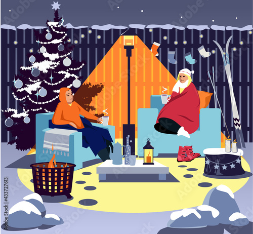 Couple sitting in cozy chair at the backyard near fire at winter, seasonal decorations around, EPS 8 vector illustration