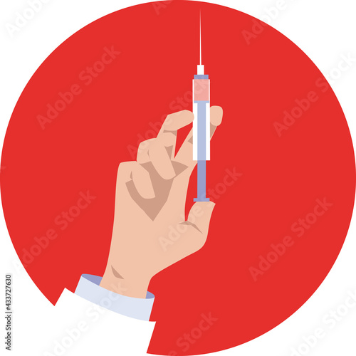 Health care professional's hand holding a syringe on a red circular background, EPS 8 vector illustration