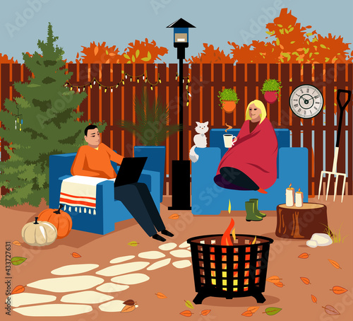 Couple sitting in cozy chair at the backyard near fire at fall, seasonal decorations around, EPS 8 vector illustration