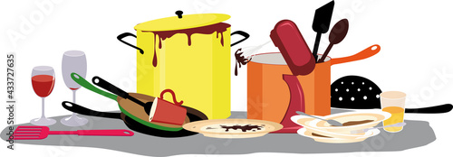 Pile of dirty dishes, pots and cooking tools on a kitchen counter, EPS 8 vector illustration