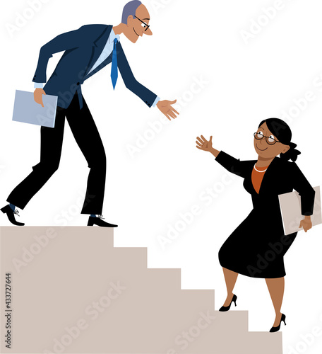 Senior man helping a mature black woman to go up the career ladder, EPS 8 vector illustration 