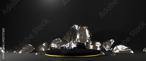 3d rendering of black podium pedestal isolated on black background, gold frame, memorial board, abstract minimal concept, luxury minimalist mockup © Thares2020