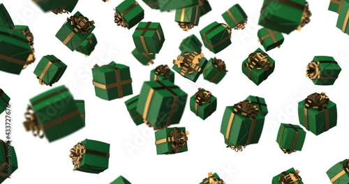 Green Gift Box Golden Ribbon falling slow motion