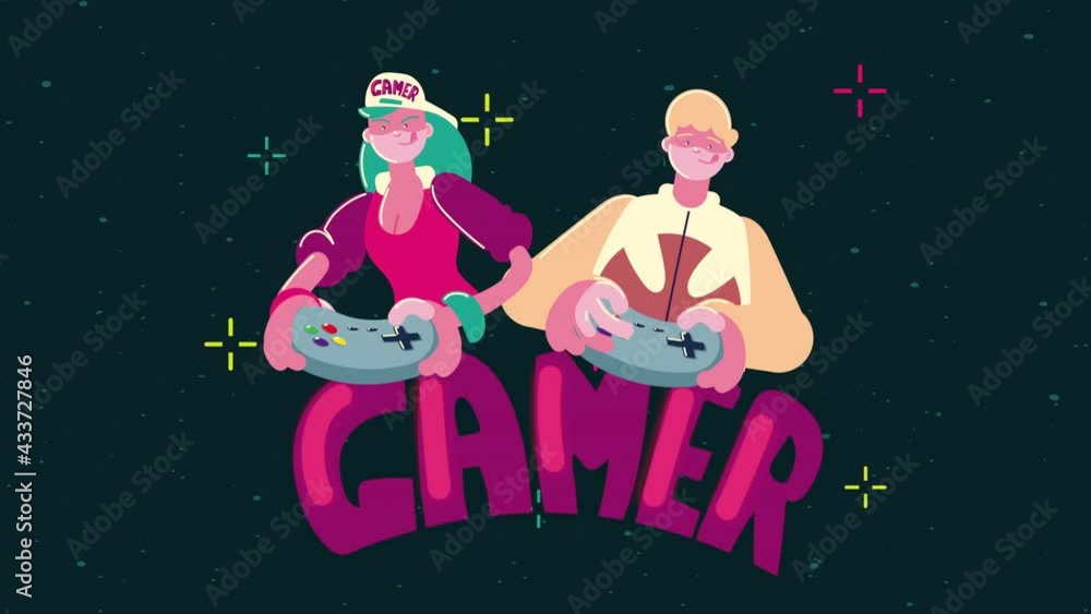 young couple gamers with controls characters young couple gamers with controls characters