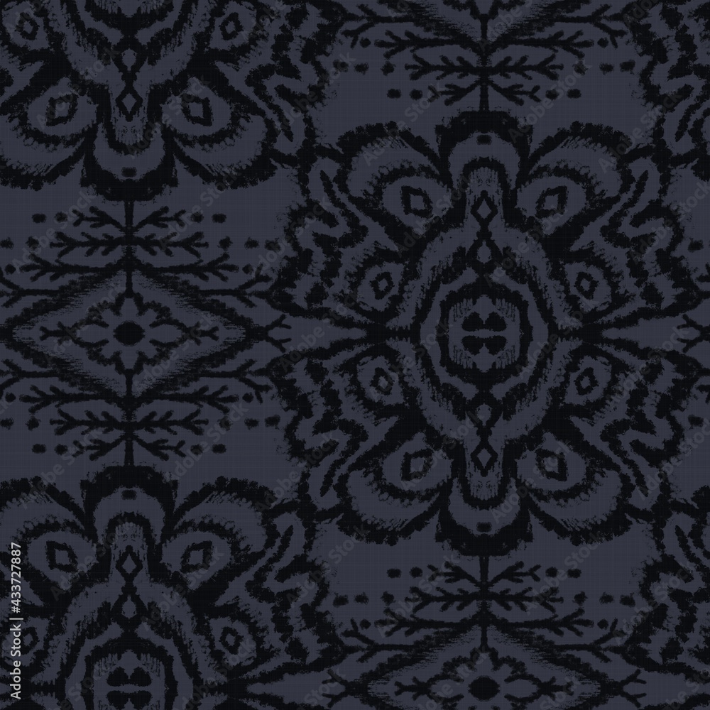 Seamless almost black tribal ethnic rug motif pattern. High quality illustration. Hand drawn symmetric native style design in dark gray and black with texture. Old artisan textile seamless pattern. Seamless almost black tribal ethnic rug motif pattern. High quality illustration. Hand drawn symmetric native style design in dark gray and black with texture. Old artisan textile seamless pattern.