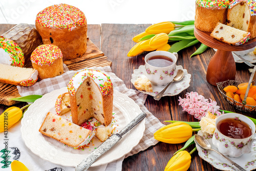 Easter cakes. Panettone. Traditional Easter cake on a white background. Space for text. Mockup. Close-up photo