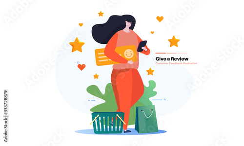 A women give online reviews for online feedback illustration concept
