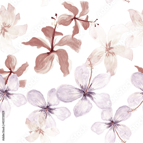 Brown Tropical Palm. White Seamless Background. Azure Pattern Leaf. Gray Flower Hibiscus. Blue Spring Nature. Flora Botanical. Decoration Illustration. Flora Nature.