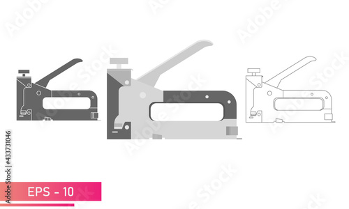 Set, Construction stapler in a metal case. Linear, solid and realistic design. On a white background. Tools for workers. Flat vector illustration.