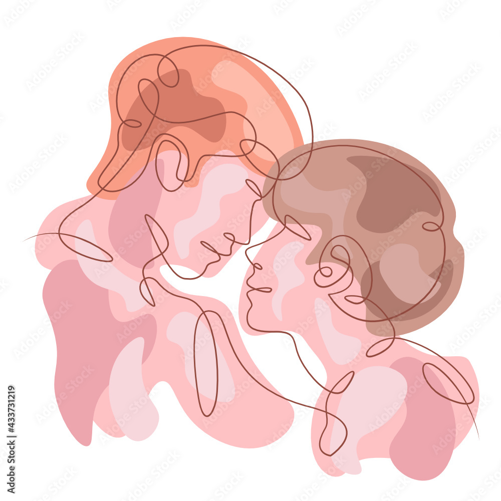 Portrait of the faces of two lovers. Hugs of young lovers. Colored lines. One continuous line logo single hand drawn isolated minimal illustration.Colored abstract background.
