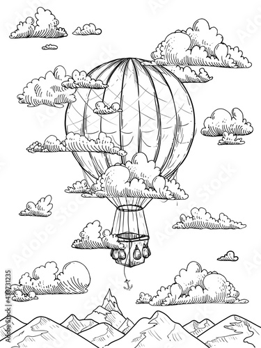 Hand drawn sketch black and white coloring page of vintage air balloon, clouds, sky, mountains. Vector illustration. Engraved style.
