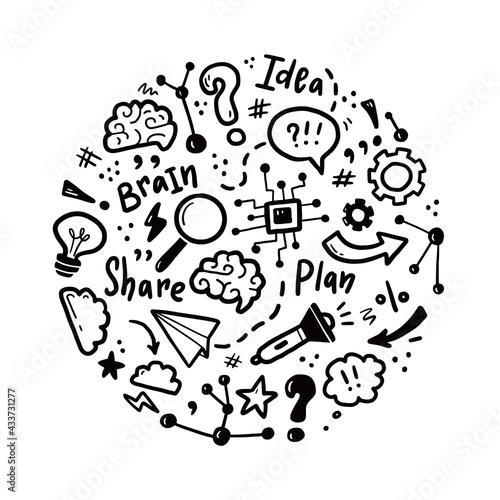 Hand drawn set of brainstorm, idea, brain elements. Doodle sketch style. Isolated vector illustration for a innovation, brainstorm, start up concept.