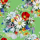 Watercolor botanical illustration with summer fresh wild daisies, poppies, bells on a green background