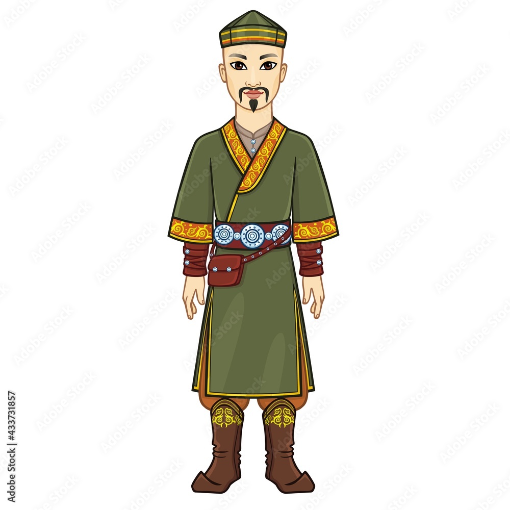 Animation  portrait of  Asian man warrior in a national hat and clothes. Full growth. Central Asia. Vector illustration isolated on a white background.