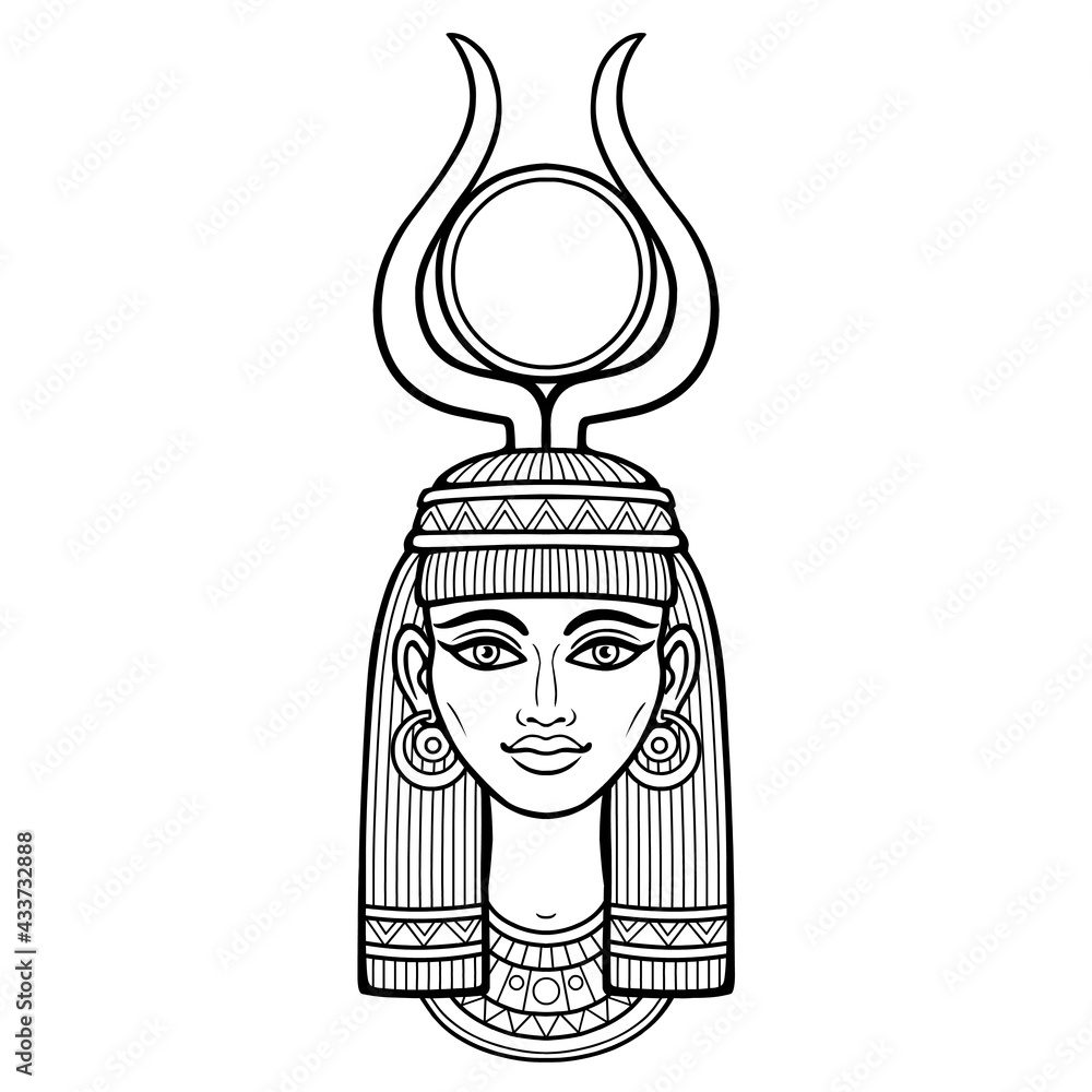 custom made wallpaper toronto digitalAnimation portrait of beautiful Egyptian woman in ancient hairstyle, with horns and a disk of sun on the head. Goddess Isis. Vector illustration isolated on a white background. Print, poster, t-shirt