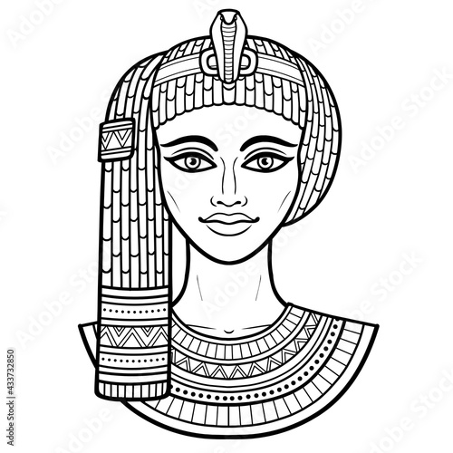 Animation portrait of beautiful Egyptian woman in ancient hairstyle. Goddess, princess, queen. Vector illustration isolated on a white background. Print, poster, t-shirt, tattoo.