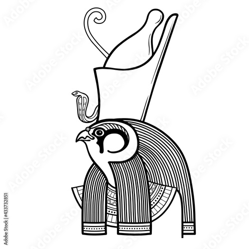 Animation linear portrait Ancient Egyptian god Horus. Deity with head of a bird, patron of the pharaohs. Vector illustration isolated on a white background. Print, poster, t-shirt, tattoo.