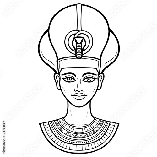 Animation portrait of beautiful Egyptian woman in the military crown. Goddess, princess, queen. Vector illustration isolated on a white background. Print, poster, t-shirt, tattoo.
