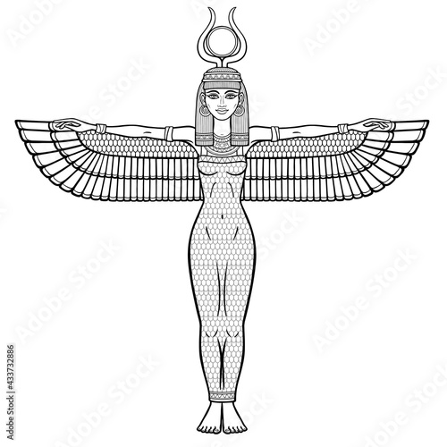 Animation portrait: Egyptian winged goddess Isis with horns and a disk of sun on the head. Full growth. Vector illustration isolated on a white background. Print, poster, t-shirt, tattoo.