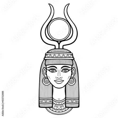 Animation portrait of beautiful Egyptian woman in ancient hairstyle, with horns and a disk of sun on the head. Goddess Isis. Vector illustration isolated on a white background. Print, poster, t-shirt
