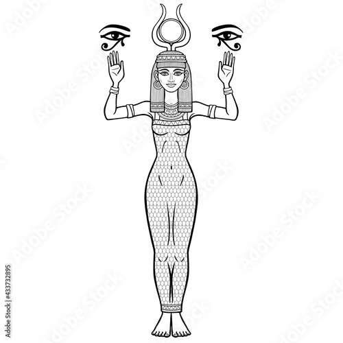 Animation portrait: Egyptian goddess Isis with horns and a disk of sun on the head holds sacred symbols of the eye Horus. Full growth. Vector illustration isolated on a white background.