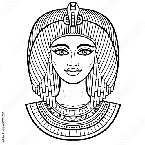 Animation portrait of beautiful Egyptian woman in ancient hairstyle. Goddess, princess, queen. Vector illustration isolated on a white background. Print, poster, t-shirt, tattoo.