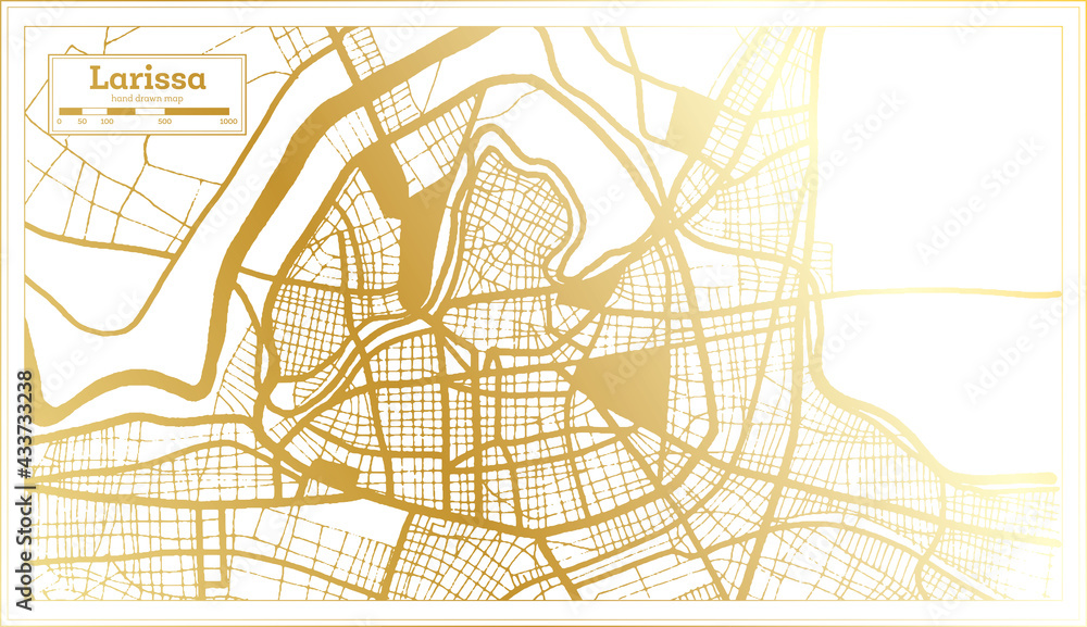 Larissa Greece City Map in Retro Style in Golden Color. Outline Map.