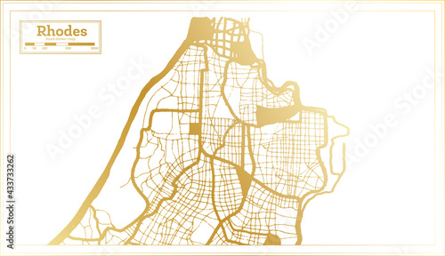 Rhodes Greece City Map in Retro Style in Golden Color. Outline Map.